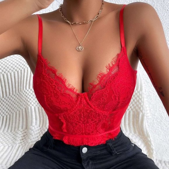 RED LACE BODYSUIT CHIC CLASSY SEXY - Picture 4 of 6